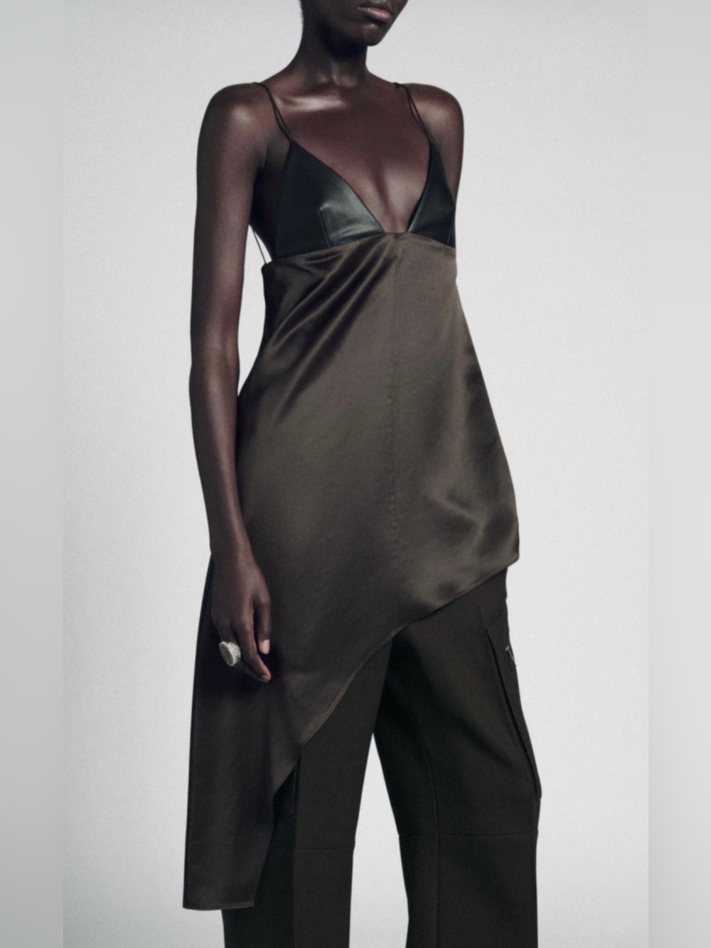 Zara Asymmetrical Faux Leather Top V-Neck Thin Straps Chocolate Brown Medium